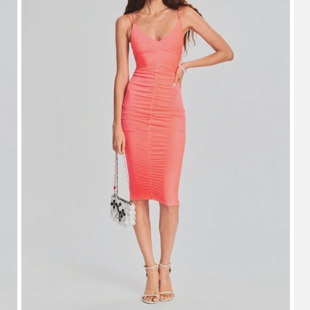 SER.O.YA Ruched Ballor Midi Dress Neon Peach Sexy Bodycon Dreas